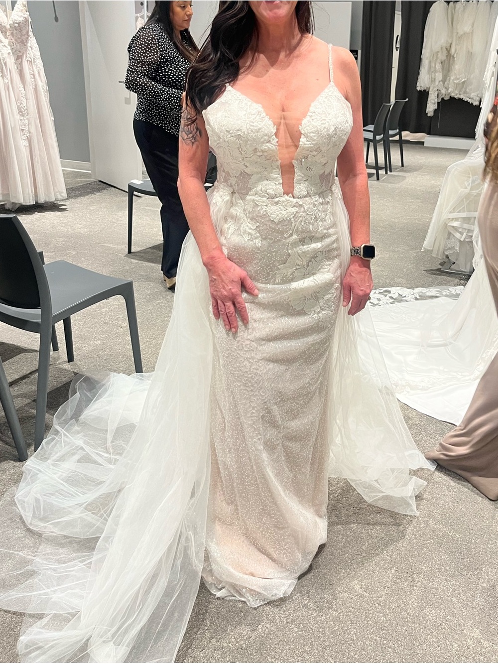 David's Bridal Ivory Lace Fit-and-Flare Wedding Dress with Sheer Plunge